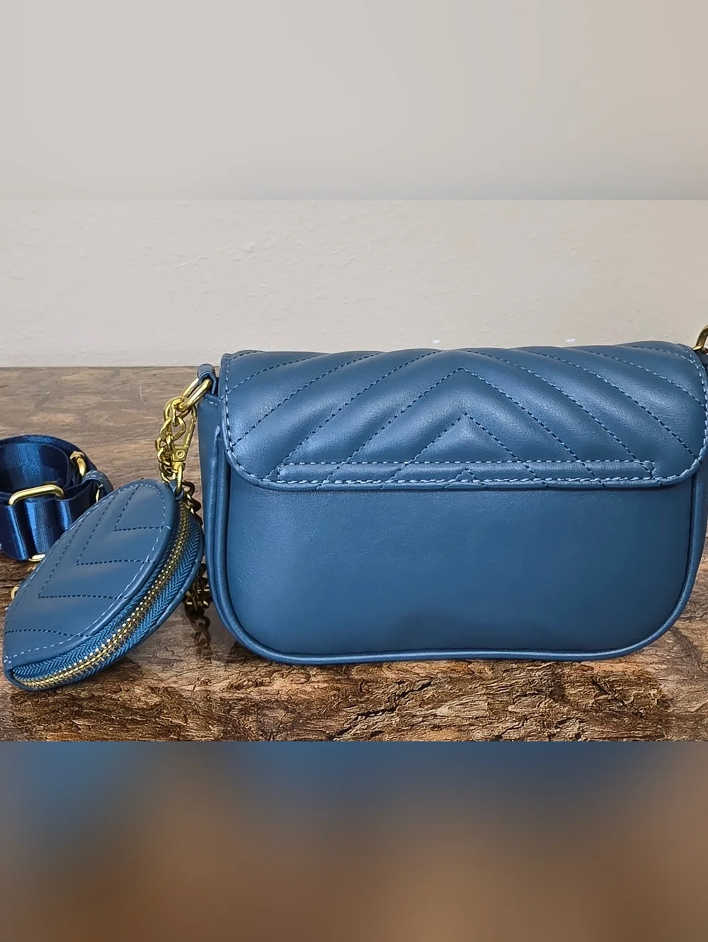 Quilted Blue Crossbody Bag w/ Gold Chain Strap & Mini Coin Pouch – Chic & Trendy